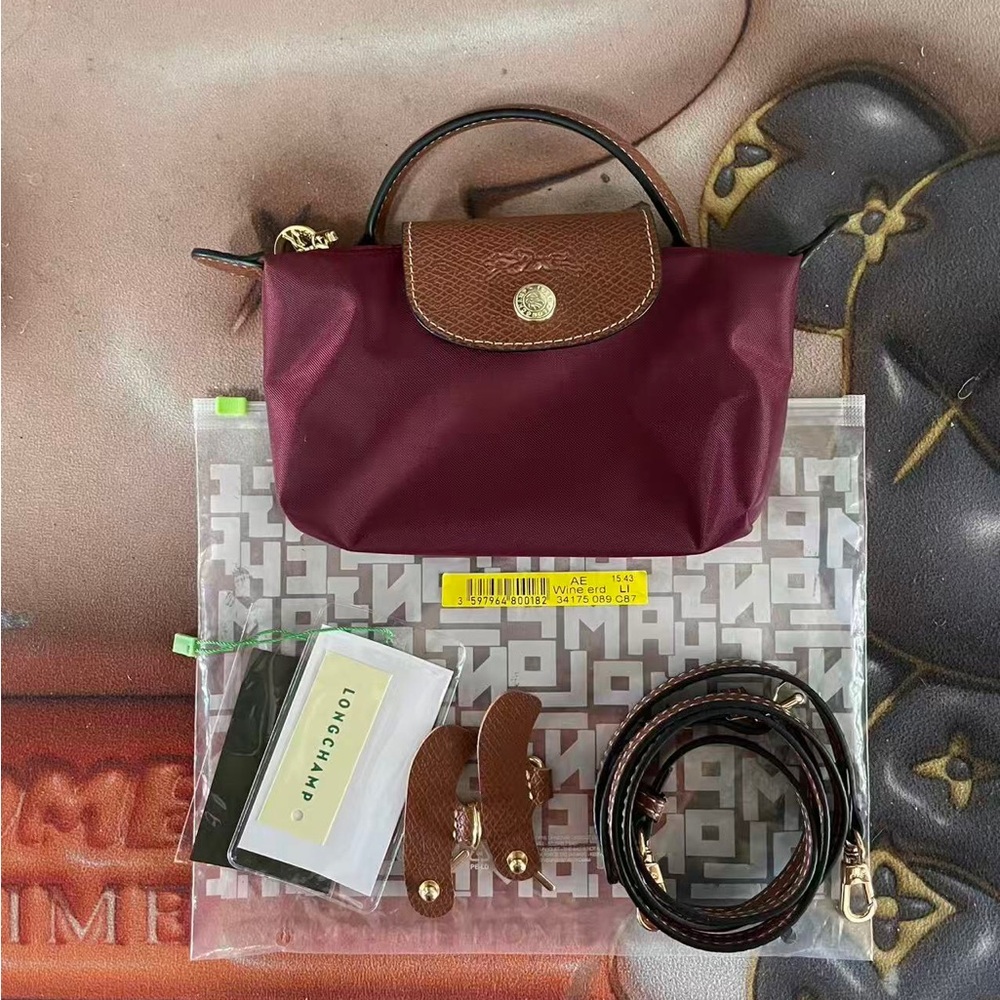 Longchamp Small Top-Handle Mini Bag in Burgundy with Brown Trim